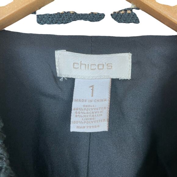 Chico's Sz 1 US 8 Royal Tweed Black Gold Metallic Fringe Trim Open Jacket Blazer - Picture 12 of 14